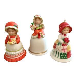 Holly Hobbie Precious Moments Christmas Bell Set Of 3 Porcelain VTG 80s